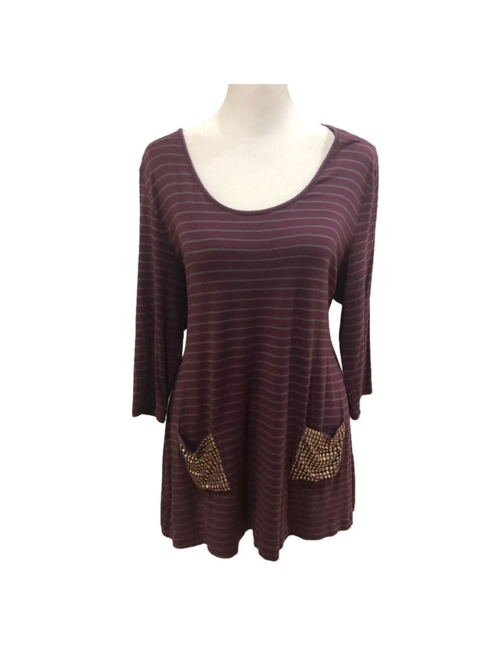 SOFT Surroundings PL long sleeve striped shirt with studded pockets.